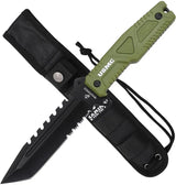 USMC Fixed Blade Green M-FIX3003GN - 11 Inch Overall With Sawback 3Cr13 Stainless Tanto Blade Full Tang by USMC
