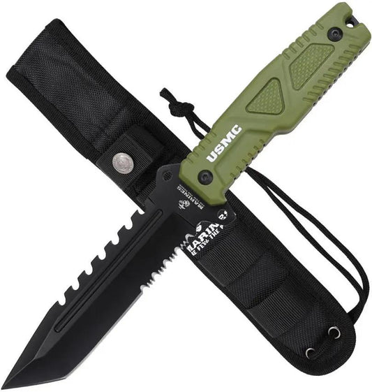 USMC Fixed Blade Green M-FIX3003GN - 11 Inch Overall With Sawback 3Cr13 Stainless Tanto Blade Full Tang by USMC