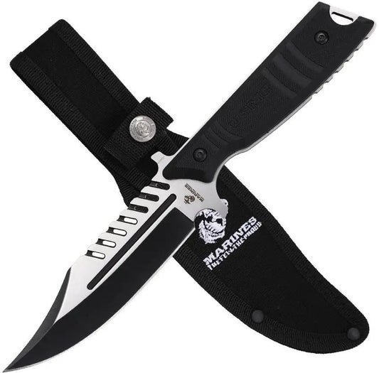 USMC Fixed Blade Knife - 10in Overall Sawback Clip Point 3Cr13 Stainless, Black FRN Handle, Full Tang, MOLLE Sheath by USMC