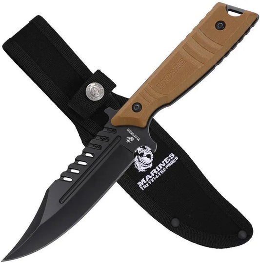 USMC Fixed Blade Knife Tan M-FIX3004TN - 10 Inch Overall, Full Tang Sawback Blade, MOLLE Sheath by USMC
