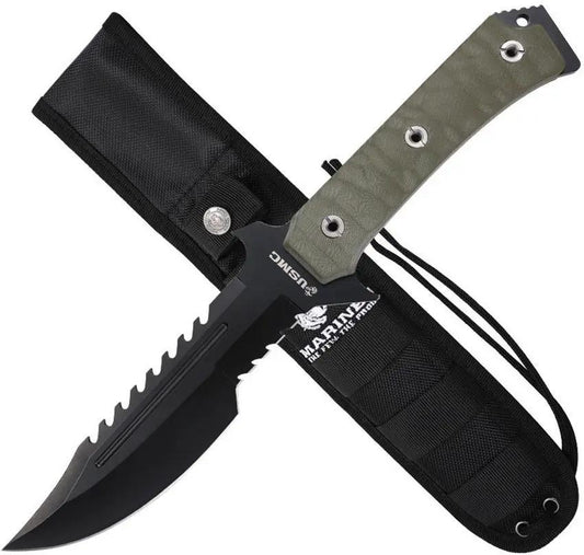 USMC Fixed Blade Knife M-FIX3006GN - Green G10 Handle, Sawback Blade, Full Tang, Partial Serration by USMC