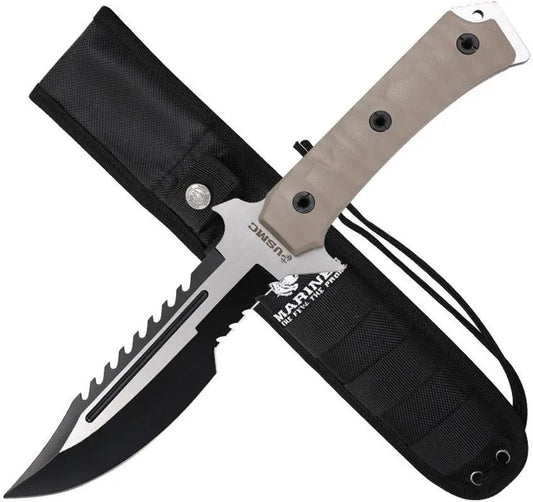 USMC Fixed Blade Tan M FIX3006TN - 7in Partially Serrated Sawback Blade With Tan G10 Handle by USMC