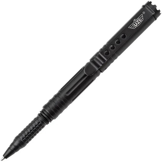 UZI Tactical Pen With Crown Bezel - Glass Breaker Black Titanium Body Accepts Standard Fisher Refills by UZI