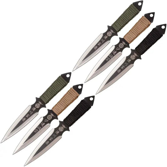 Uzi Throwing Knife Set - Two Tone 4 Inch Double Edge Stainless Blades With Cord Wrapped Handles And Secure Nylon Sheath by Uzi