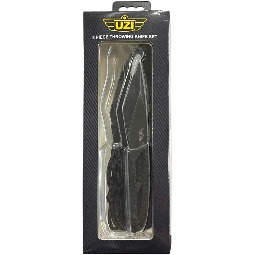 Uzi Throwing Knife Set - 8 Inch Overall, 4 Inch Black Stonewash Stainless Blades, Full Tang, 3 Piece With Belt Sheath by Uzi