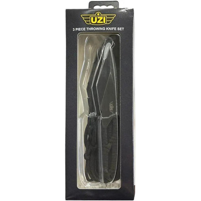 Uzi Throwing Knife Set - 8 Inch Overall, 4 Inch Black Stonewash Stainless Blades, Full Tang, 3 Piece With Belt Sheath by Uzi