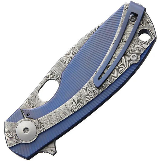Viper Lille Framelock Knife Blue Titanium Onlay Damascus Blade 3.63in Closed Gift Box - Premium Framelock Craftsmanship by Viper