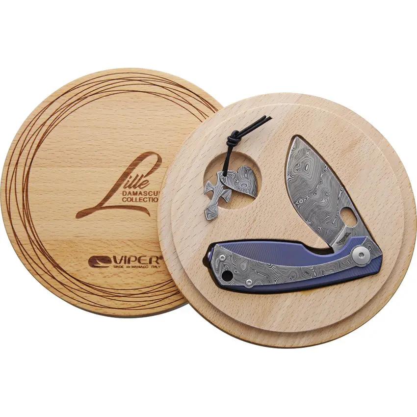 Viper Lille Framelock Knife Blue Titanium Onlay Damascus Blade 3.63in Closed Gift Box - Premium Framelock Craftsmanship by Viper