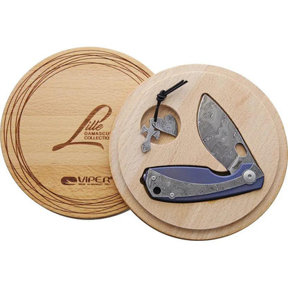 Viper Lille Framelock Knife Blue Titanium Onlay Damascus Blade 3.63in Closed Gift Box - Premium Framelock Craftsmanship by Viper