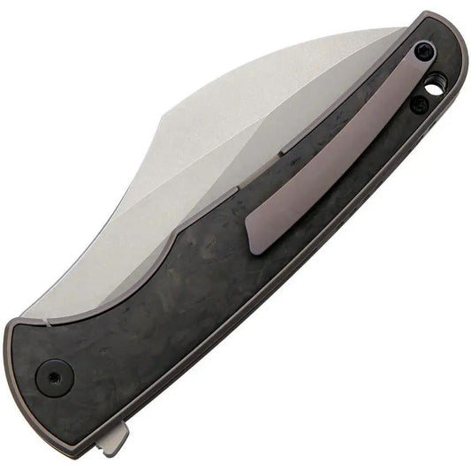 VDK Knives Vice Framelock CF VDK043 - 4.75in Closed, 4in Bohler M390 Blade, Gray Titanium With Marbled Carbon Fiber Inlay by VDK Knives