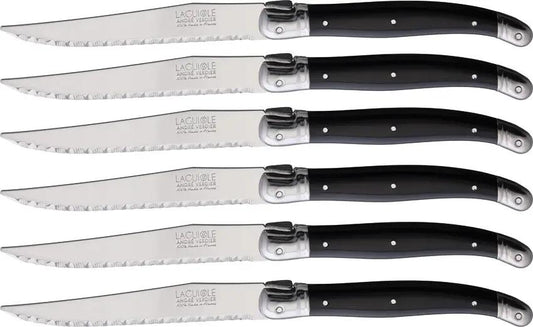 Andre Verdier Laguiole Steak Knife Set Six Premium Serrated Blades With Black ABS Handles For Home Cooks Storage Block by Andre Verdier