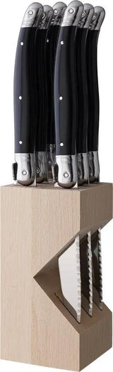 Andre Verdier Laguiole Steak Knife Set Six Premium Serrated Blades With Black ABS Handles For Home Cooks Storage Block by Andre Verdier