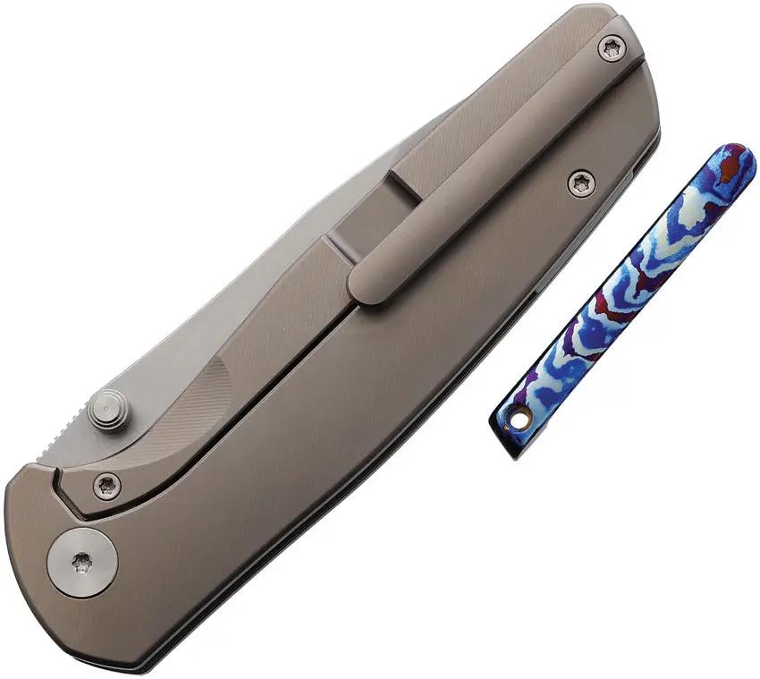 Vanguard ESOX Framelock Gray - 4.5 Inch Closed Bohler M390 Blade, Textured Titanium Handle, Timascus Pocket Clip by Vanguard