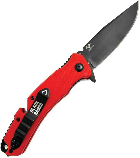 V NIVES Black Rambo Utility Pro V35GPBR - D2 Tool Steel Clip Point Blade With Red G10 Handle And Glass Breaker by V NIVES