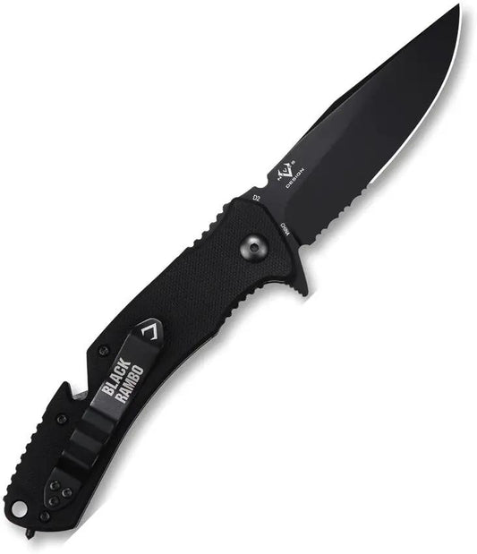 V NIVES Black Rambo Utility Pro V35GPSBBK - D2 Tool Steel Clip Point Blade With Black G10 Handle And Glass Breaker by V NIVES