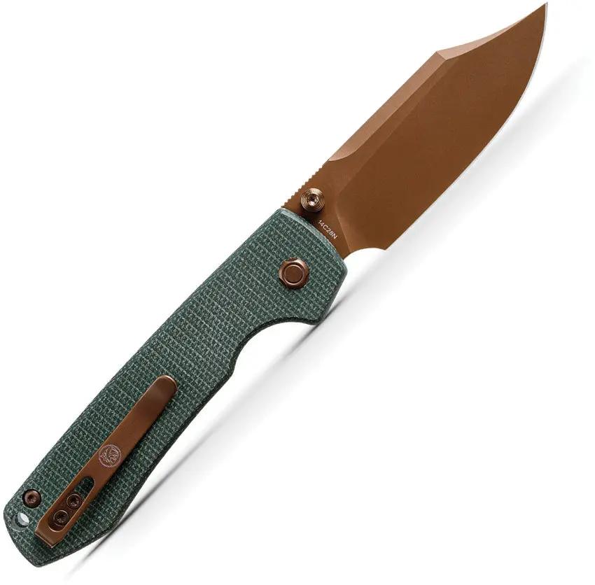 Vosteed Raccoon Top Linerlock Knife - Bowie Blade 3.25in 14C28N Steel Green Micarta Handle EDC Ready by Vosteed