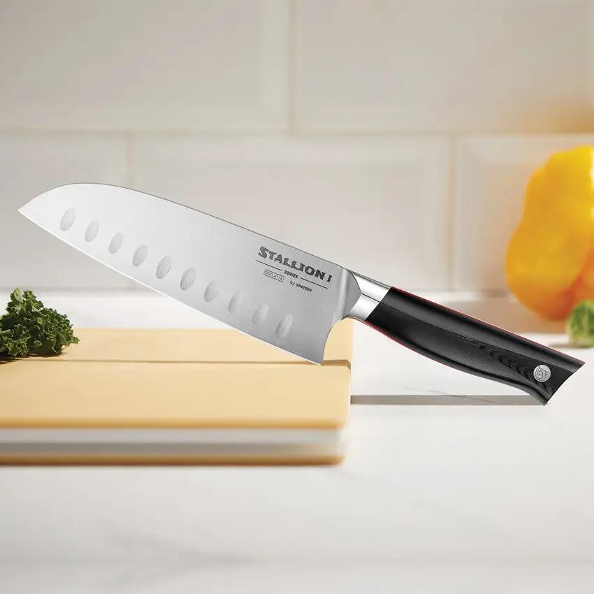 Vosteed Stallion 7 Inch Santoku Knife - Premium Satin Ground 4116 Stainless, Full Tang, Black G10 Handle by Vosteed