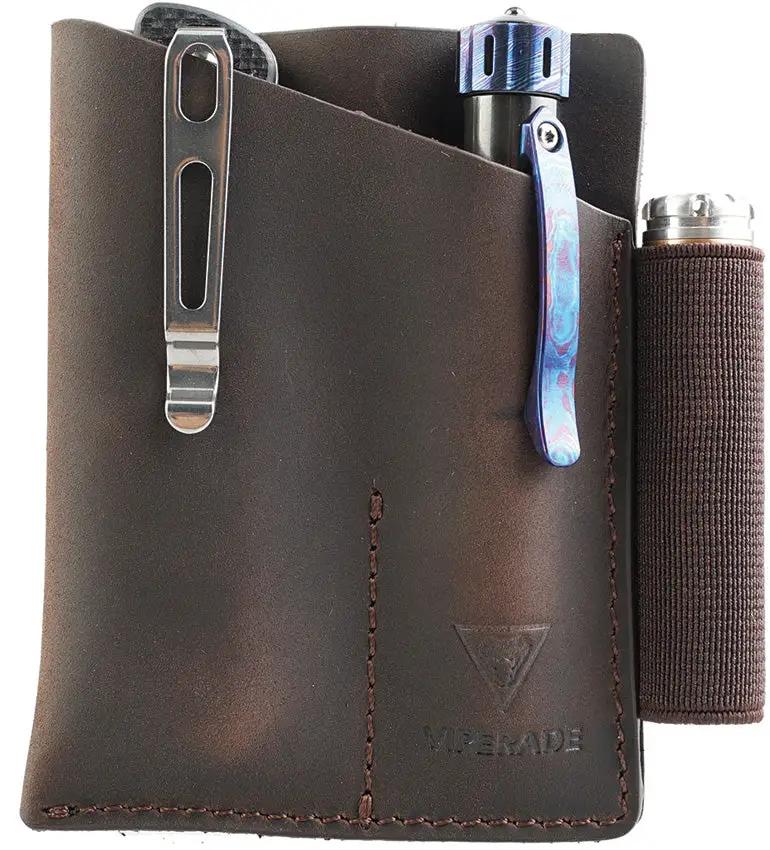 Viperade PJ12 EDC Pocket Organizer Brown Leather - Slim EDC Case For Small Tools Flashlights And Tactical Pens by Viperade
