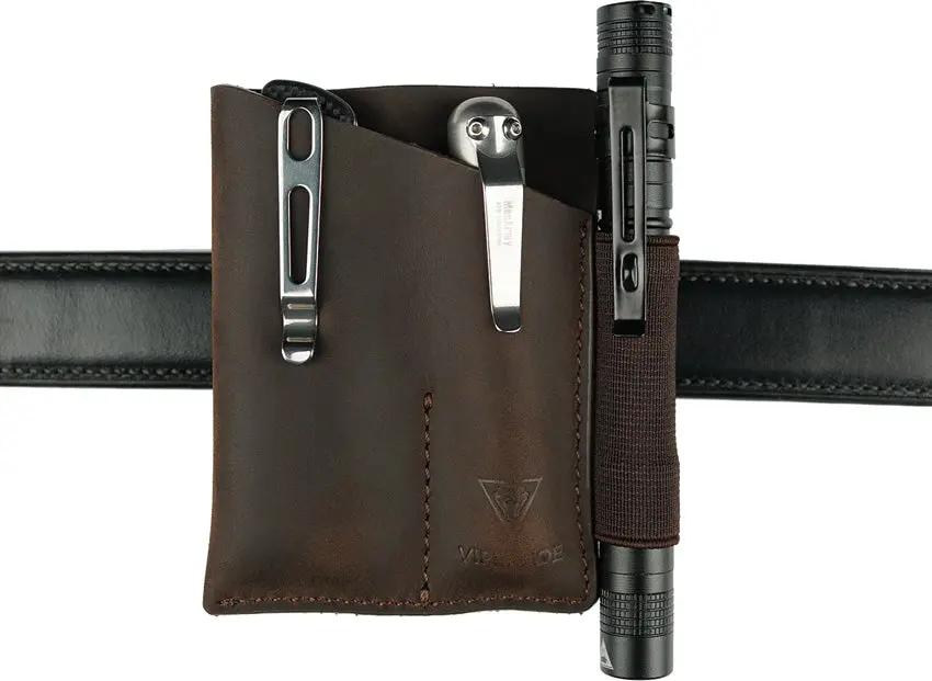 Viperade PJ12 EDC Pocket Organizer Brown Leather - Slim EDC Case For Small Tools Flashlights And Tactical Pens by Viperade