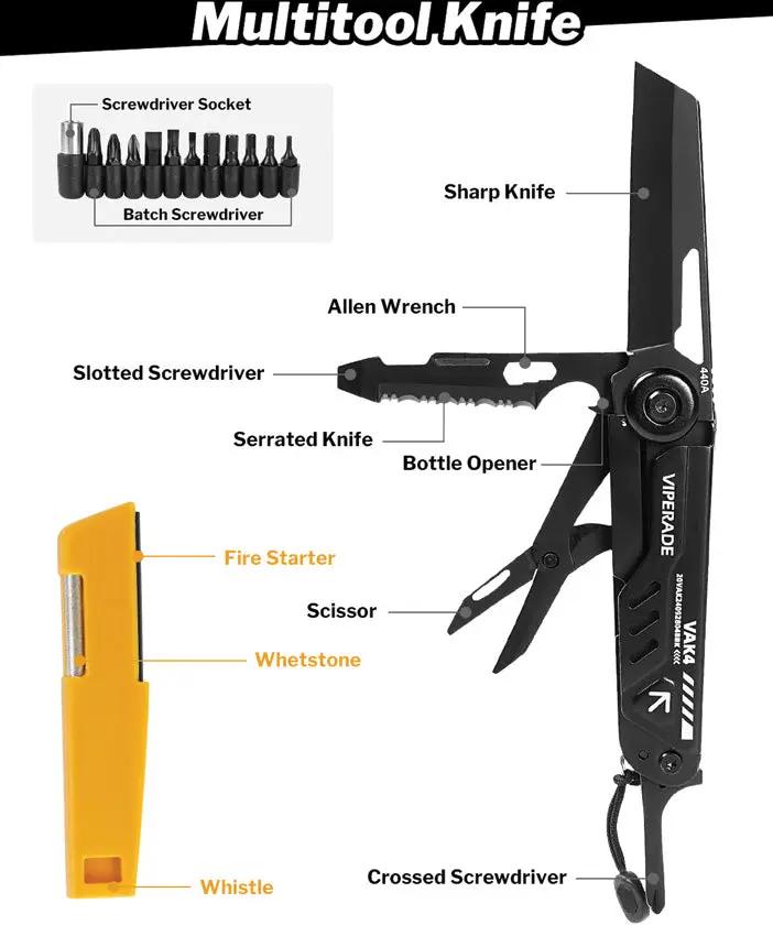 Viperade VAK4 Multi Function Knife VAK4 Black - 12-In-1 Utility Tool With Safety Locking Large Blade And Screwdriver by Viperade