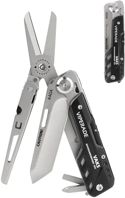 Viperade VAK5 Multi Function Knife - 4.13 Inch Closed With Black Aluminum Handle Glass Breaker, Scissors, Screwdrivers by Viperade