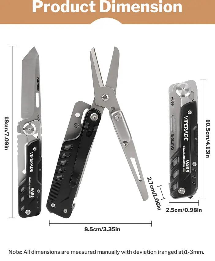 Viperade VAK5 Multi Function Knife - 4.13 Inch Closed With Black Aluminum Handle Glass Breaker, Scissors, Screwdrivers by Viperade
