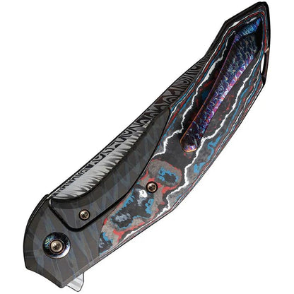 We Knife Merata Framelock Nebula EDC Knife - Damascus Blade And Flame Anodized Titanium Handle With Carbon Fiber Inlay by We Knife Co Ltd