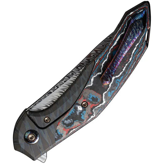 We Knife Merata Framelock Nebula EDC Knife - Damascus Blade And Flame Anodized Titanium Handle With Carbon Fiber Inlay by We Knife Co Ltd