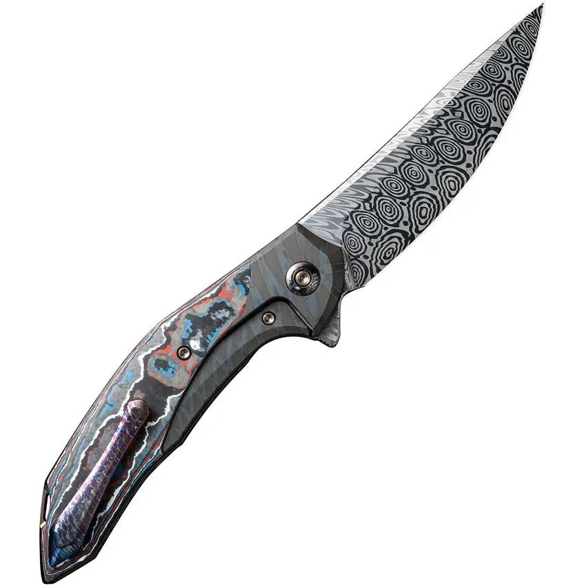We Knife Merata Framelock Nebula EDC Knife - Damascus Blade And Flame Anodized Titanium Handle With Carbon Fiber Inlay by We Knife Co Ltd