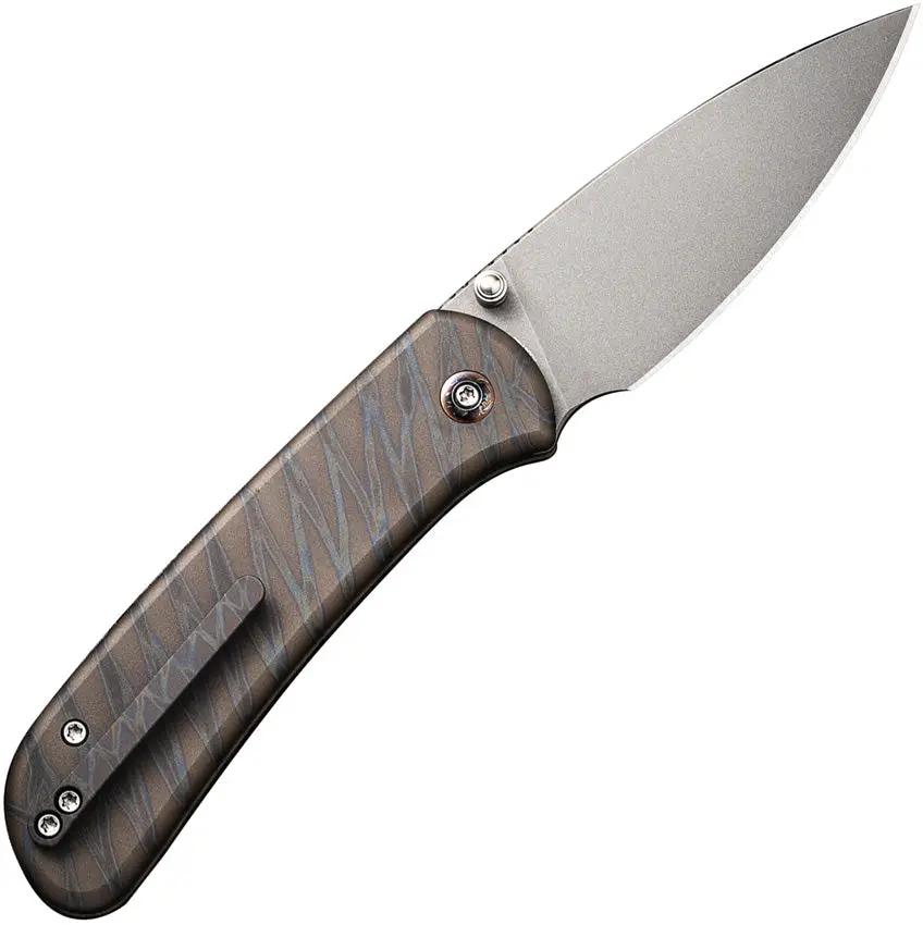 We Knife Qubit Button Lock Flame EDC Knife - Flame Anodized Titanium Handle And CPM-20CV Blade by We Knife Co Ltd