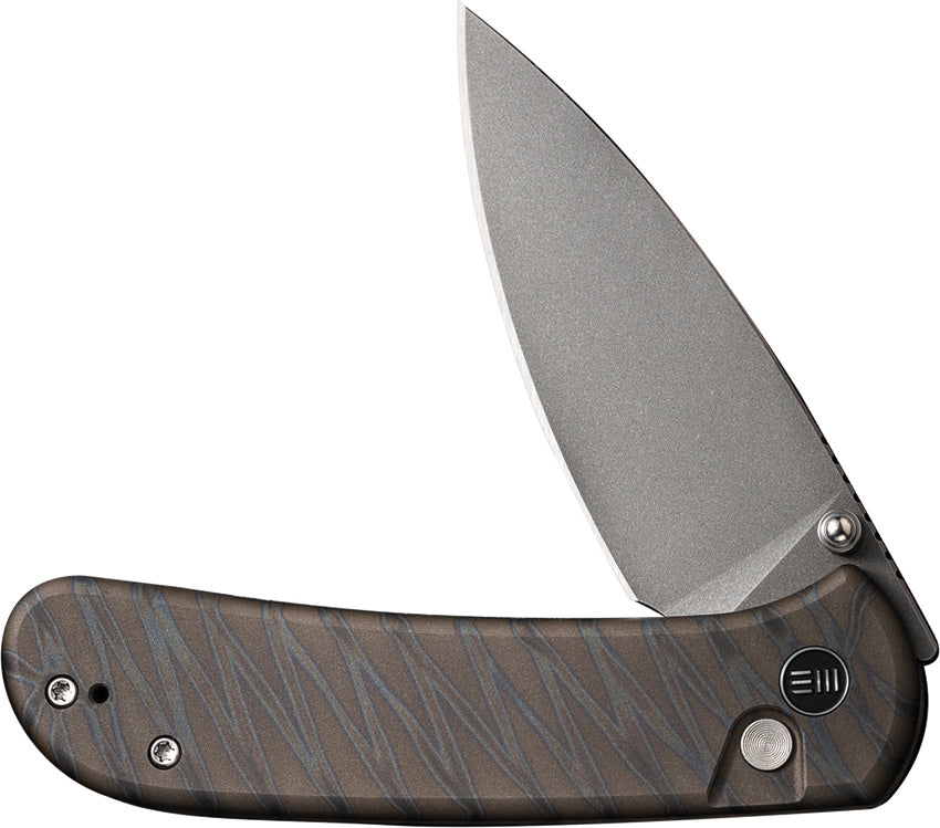 We Knife Qubit Button Lock Flame EDC Knife - Flame Anodized Titanium Handle And CPM-20CV Blade by We Knife Co Ltd