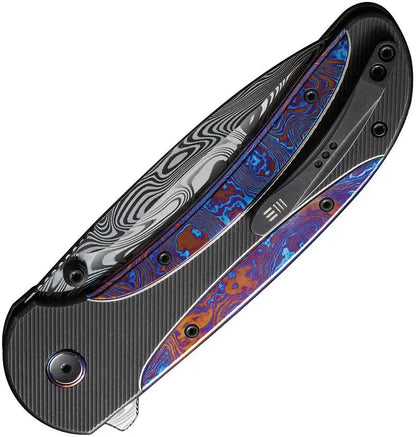 We Knife Zizzit Button Lock Timascus EDC Knife - Damascus Drop Point Blade With Timascus Inlay by We Knife Co Ltd