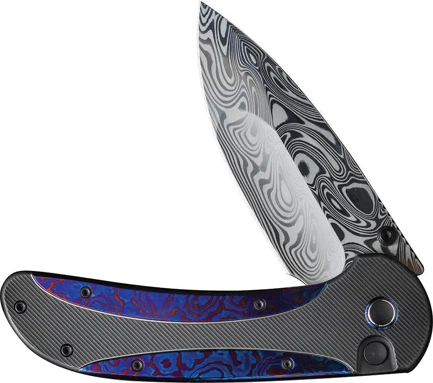 We Knife Zizzit Button Lock Timascus EDC Knife - Damascus Drop Point Blade With Timascus Inlay by We Knife Co Ltd