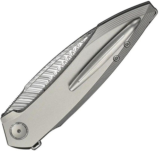 WE Knife Fluxor Folding Knife - 4 Inch Damasteel Wharncliffe Blade With Titanium Bead Blast Handle For EDC Enthusiasts by We Knife Co Ltd