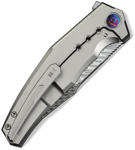 We Knife Kyklos Framelock Damascus EDC Knife - Satin Titanium Handle And Timascus Pivot Screws by We Knife Co Ltd
