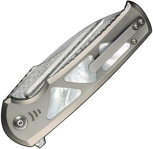 We Knife Sylox Button Lock Damascus EDC Knife - Titanium Handle With Mother Of Pearl Inlay by We Knife Co Ltd