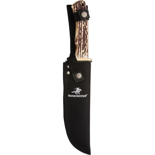 Winchester Bowie Knife - Imitation Stag Handle With Satin Stainless Blade Brass Guard Belt Sheath by Winchester