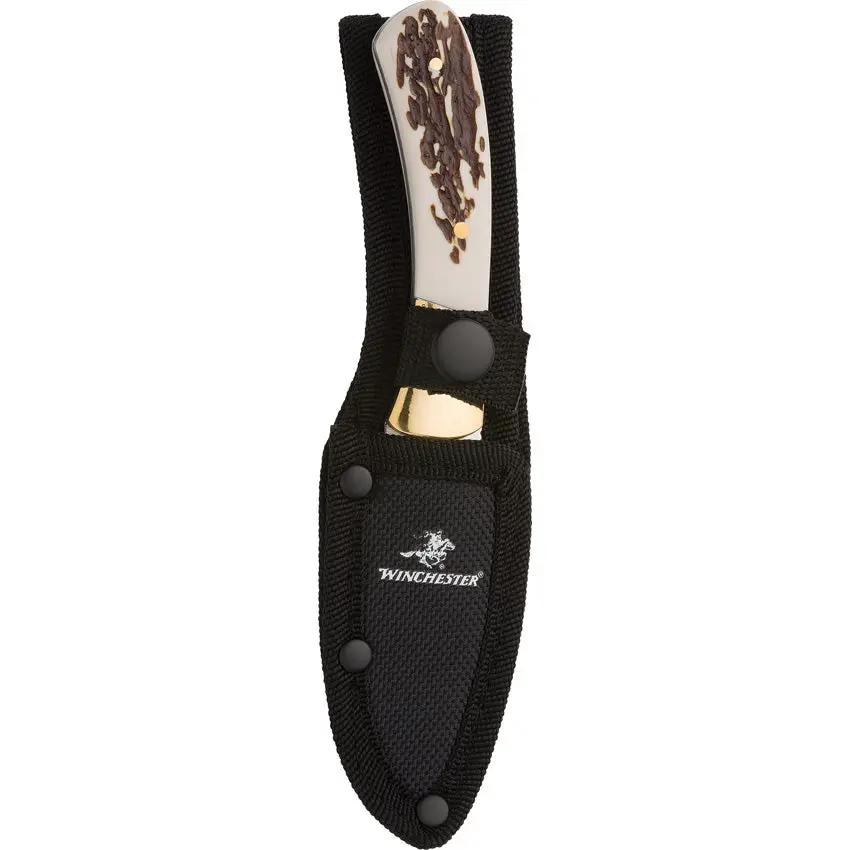 Winchester Fixed Blade Imitation Stag Knife - 7in Satin Blade, Full Tang, Brass Bolster, Nylon Sheath by Winchester