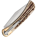 Winchester Large Lockback Imitation Stag Knife - 3.75 Inch Satin Clip Point Blade With Brass Bolsters by Winchester