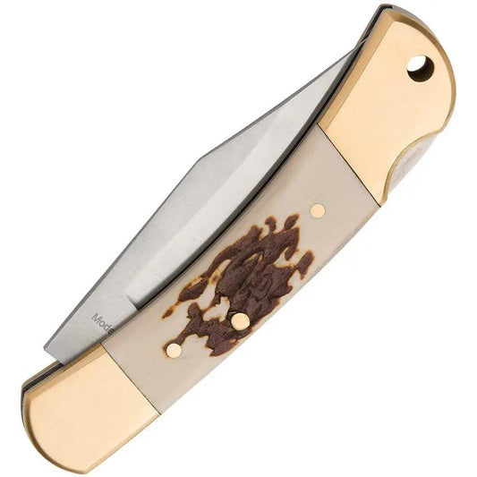 Winchester Small Stag Lockback Knife - Satin Finished Stainless Clip Point Blade Imitation Stag Handle Brass Bolsters by Winchester