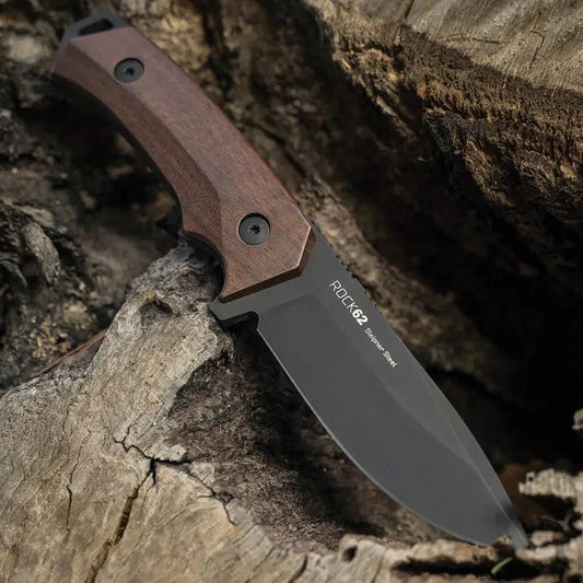 WOOX Rock 62 Fixed Blade Walnut - Mil-Spec Sleipner Tool Steel Drop Point Full Tang Walnut Handle Lanyard Hole by WOOX