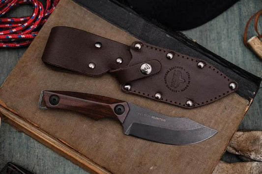 WOOX Bad Boy Hunter Walnut Knife - D2 Tool Steel Blade, Full Tang, Lanyard Hole, Brown Leather Sheath by WOOX