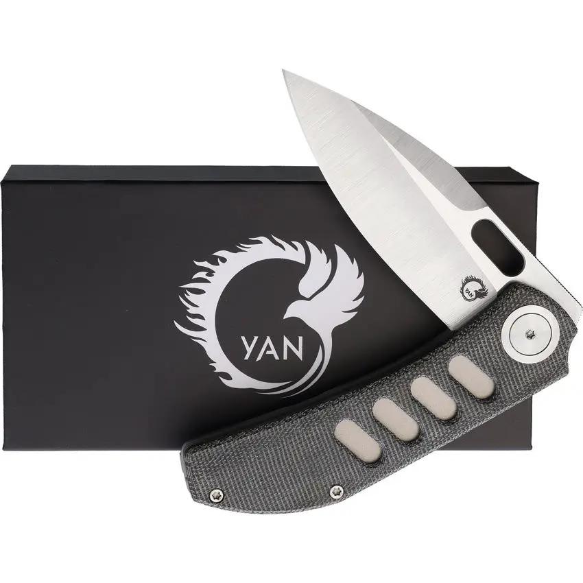 Yan Knives Chevron Framelock Black Canvas Micarta - MagnaCut Satin Blade, 3.25in, 4.25in Closed, Titanium Back by Yan Knives