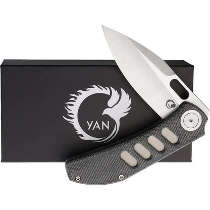 Yan Knives Chevron Framelock Black Canvas Micarta - MagnaCut Satin Blade, 3.25in, 4.25in Closed, Titanium Back by Yan Knives