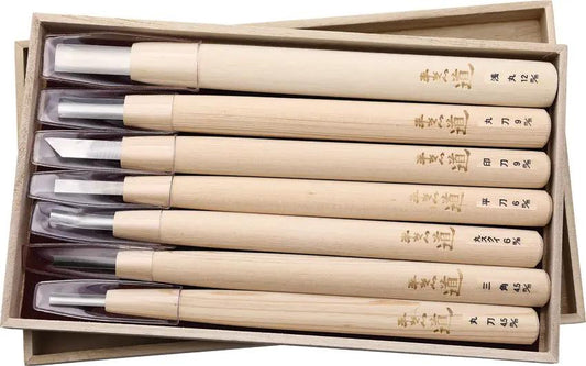 Yoshiharu Woodcarving Knife 7-Pcs Set AT091 - Beginner Friendly Alloy Steel Blades With Japanese Cypress Handles by Yoshiharu