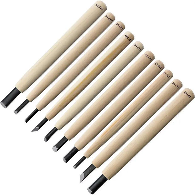 Yoshiharu Woodcarving Knife 10pcs Set AT117 - Alloy Steel Blades With Japanese Cypress Wood Handles For Beginners by Yoshiharu