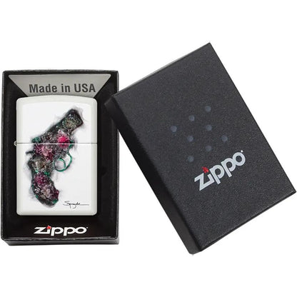 Zippo Spazuk Flower Pistol Lighter 29894 - White Matte Finish, Collectible Artwork for Gun Enthusiasts by Zippo