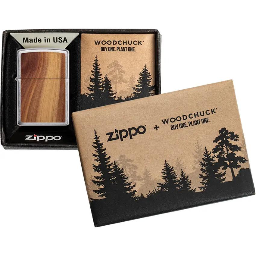 Zippo Woodchuck Cedar Lighter Brushed Chrome Emblem - Eco Gift Plant One Tree With Every Purchase by Zippo