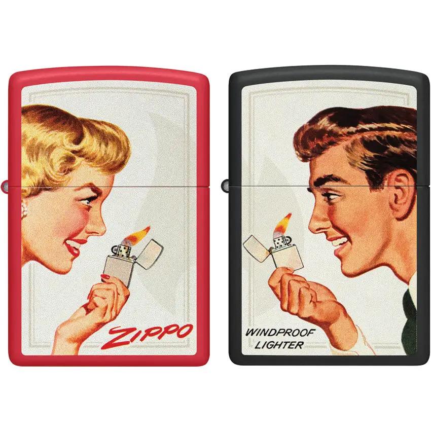 Zippo Vintage Ad Lighter Set - Two Matte Red And Black Lighters In Gift Box For Collectors by Zippo