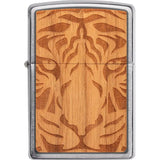 Zippo Woodchuck Cherry Tiger Lighter - Laser Cut Tiger Emblem On Cherry Wood With Brushed Chrome Finish by Zippo
